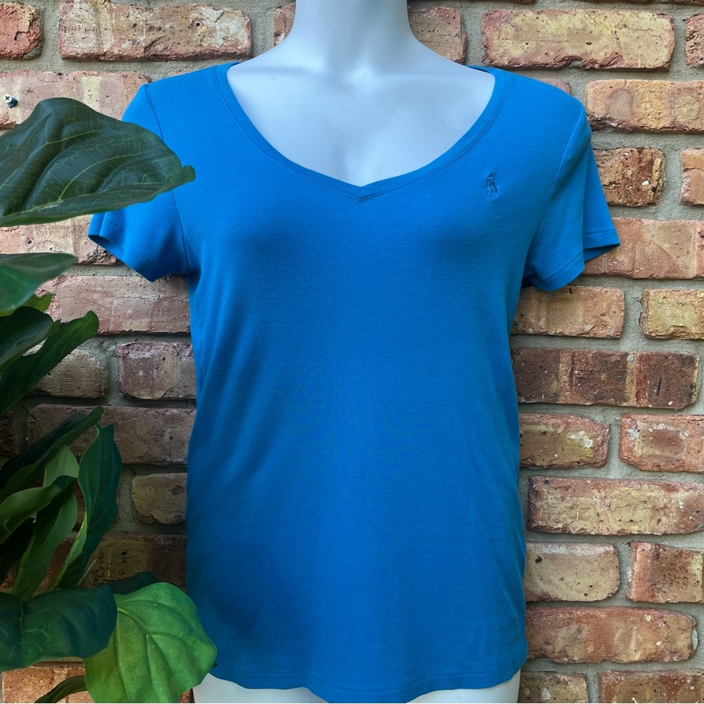 RALPH LAUREN XL TEAL BLUE RIBBED T SHIRT SHORT SLEEVE SWEETHEART NECKLINE V NECK